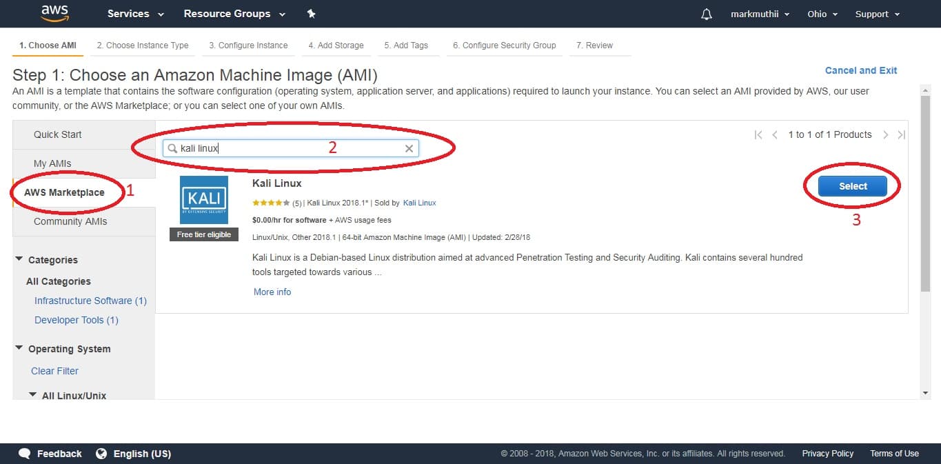 Selecting Kali AMI